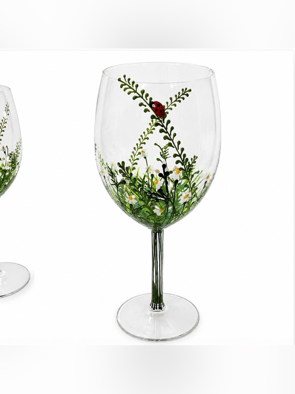 Hand Painted Wildflower Garden Daisy Ladybug Wine Glasses Set of 2